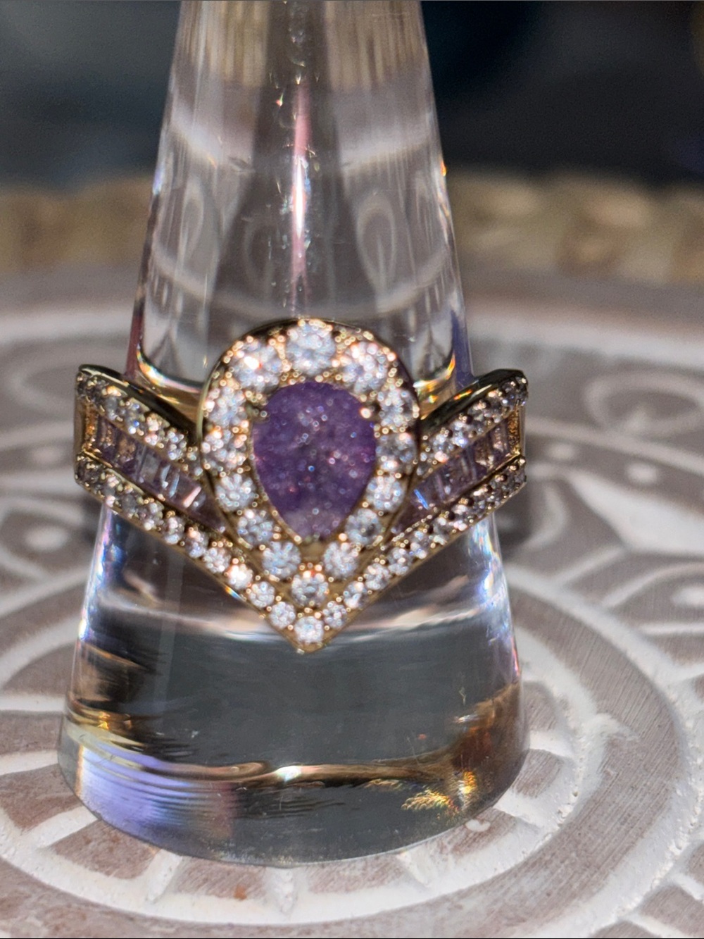 Gold-Tone Purple Teardrop Halo Ring with Clear Accents
